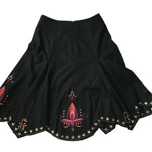 Embroidered Flare Skirt Women 8 M Gored Wool Rayon Sequin Boho Full Midi Black